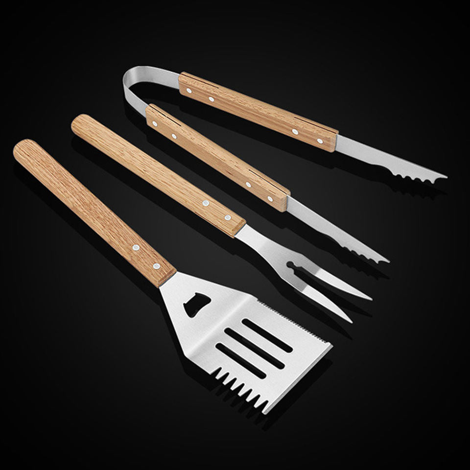 3 piece stainless steel BBQ tool set with wooden handles, spatula tongs and fork