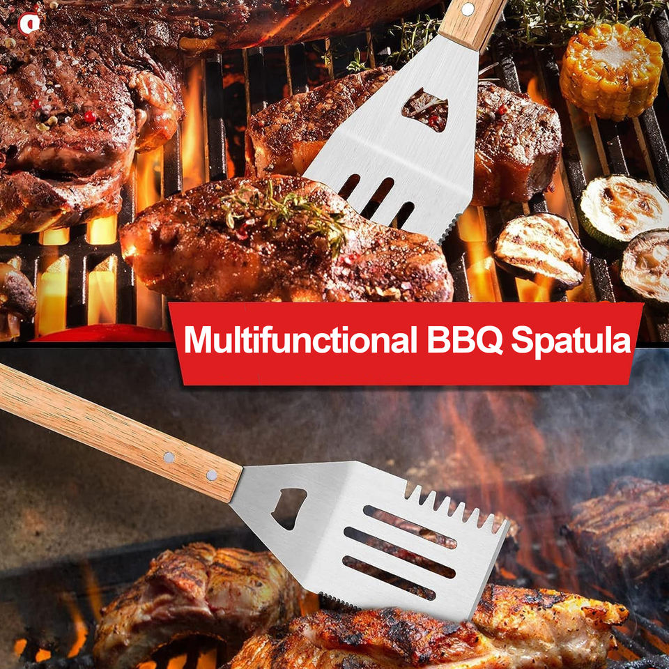 BBQ tool set spatula in use on a hot grill