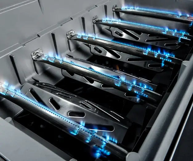 Coleman Pro Series bbq 5-burner flame detail, blue gas burners lit