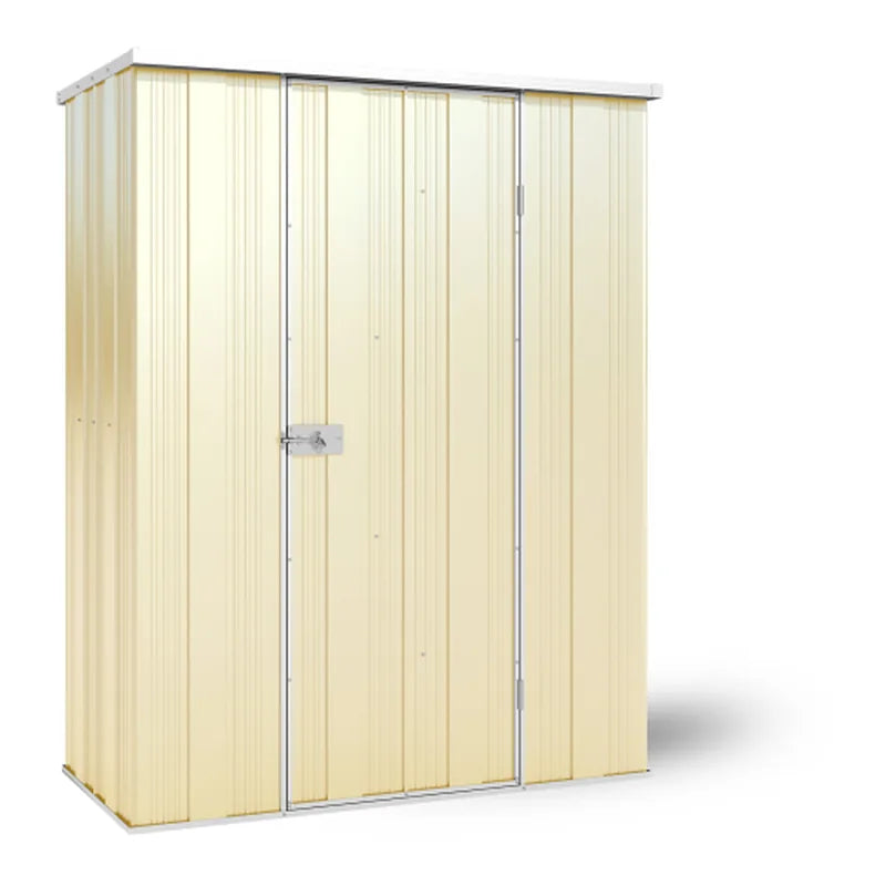 Smooth Cream slimline garden shed with flat roof, YardStore F42-S, 1.41m x 0.72m x 1.8m
