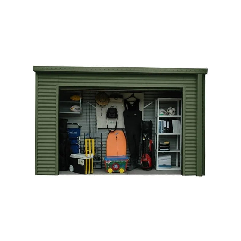 Spanbilt Smartlocker Lockaway 1100 shed interior example, Mist Green Colorbond, organised tool and garden storage
