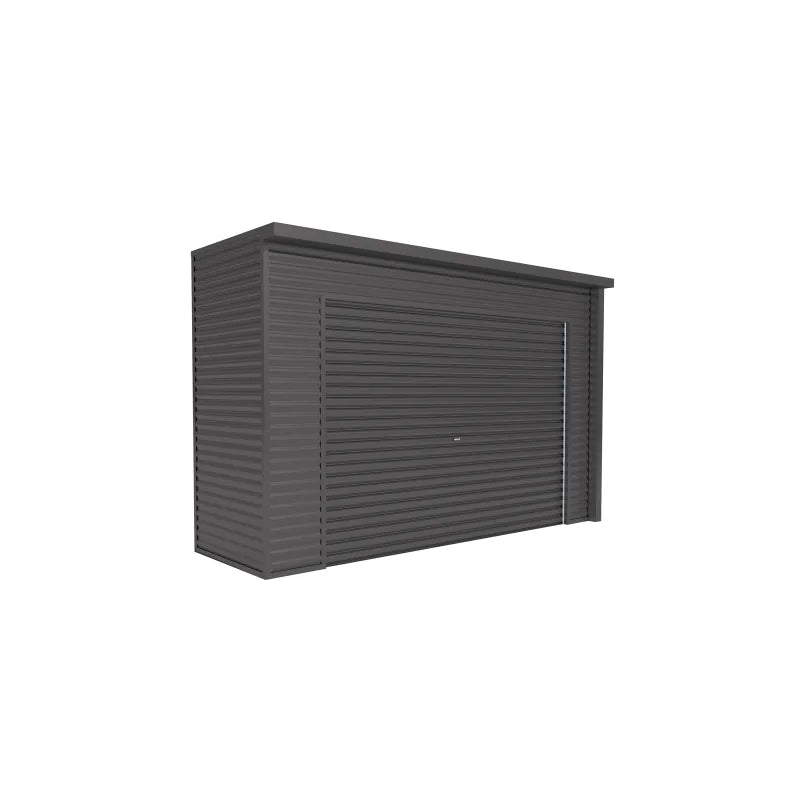 Spanbilt Smartlocker Lockaway 1100 garden shed in Monolith Colorbond, roller door closed
