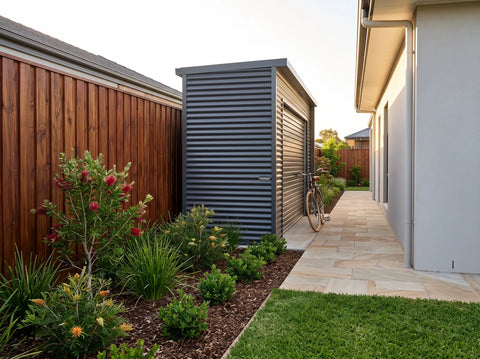 Smartlocker roller door garden shed installed down a tight side-of-house path, showing the full-width clearance the roller door needs