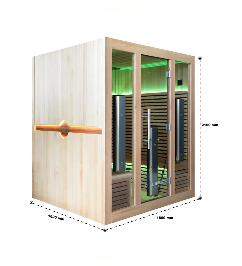 4 person indoor infrared sauna, 1800 x 1620 x 2100 mm dimensions