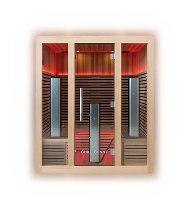 Chill Bunny 4 person indoor infrared sauna, front view with red lighting