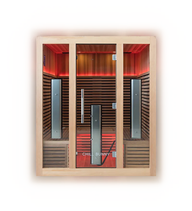 Chill Bunny 4 person indoor infrared sauna, front view with red lighting