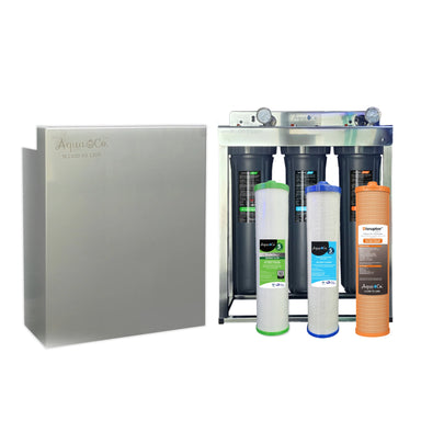 AquaCo Premium PFAS Whole House Water Filter - complete system with stainless cover and all three filter cartridges
