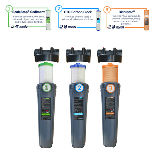 AquaCo three-stage filter diagram: ScaleStop sediment, CTO carbon block, and Disruptor cartridges