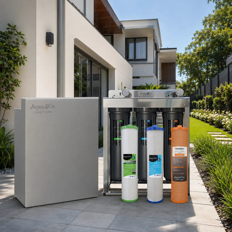 AquaCo Premium PFAS Whole House Water Filter system with ScaleStop, coconut carbon and Disruptor filter cartridges