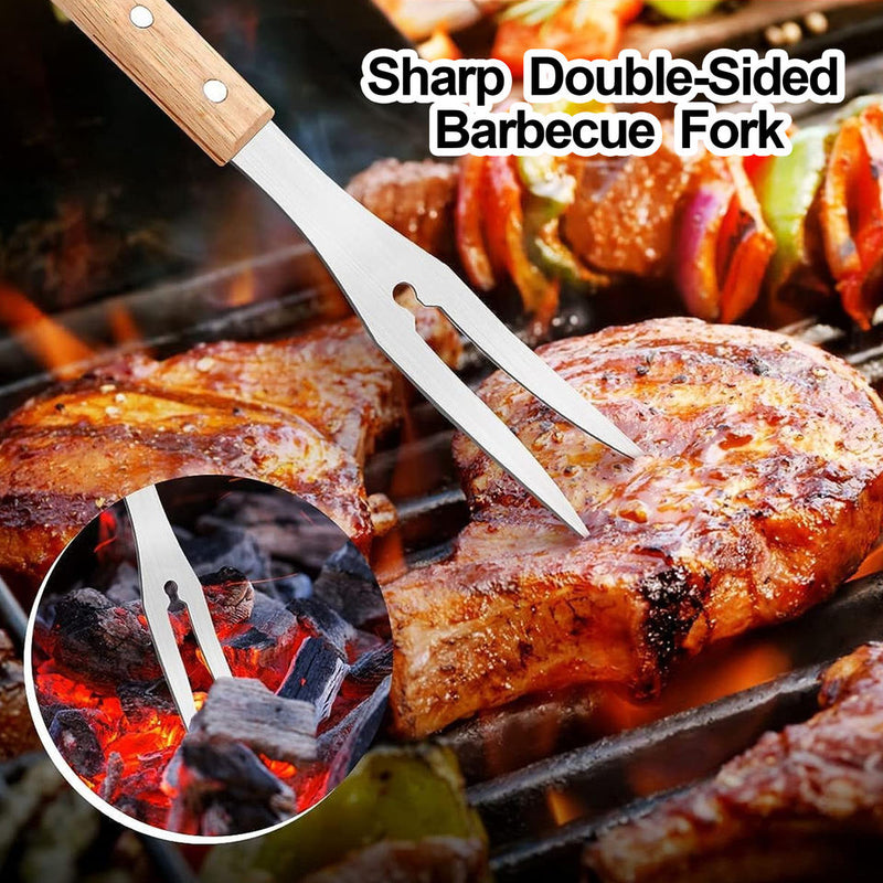 BBQ tool set fork in use, sharp double sided design