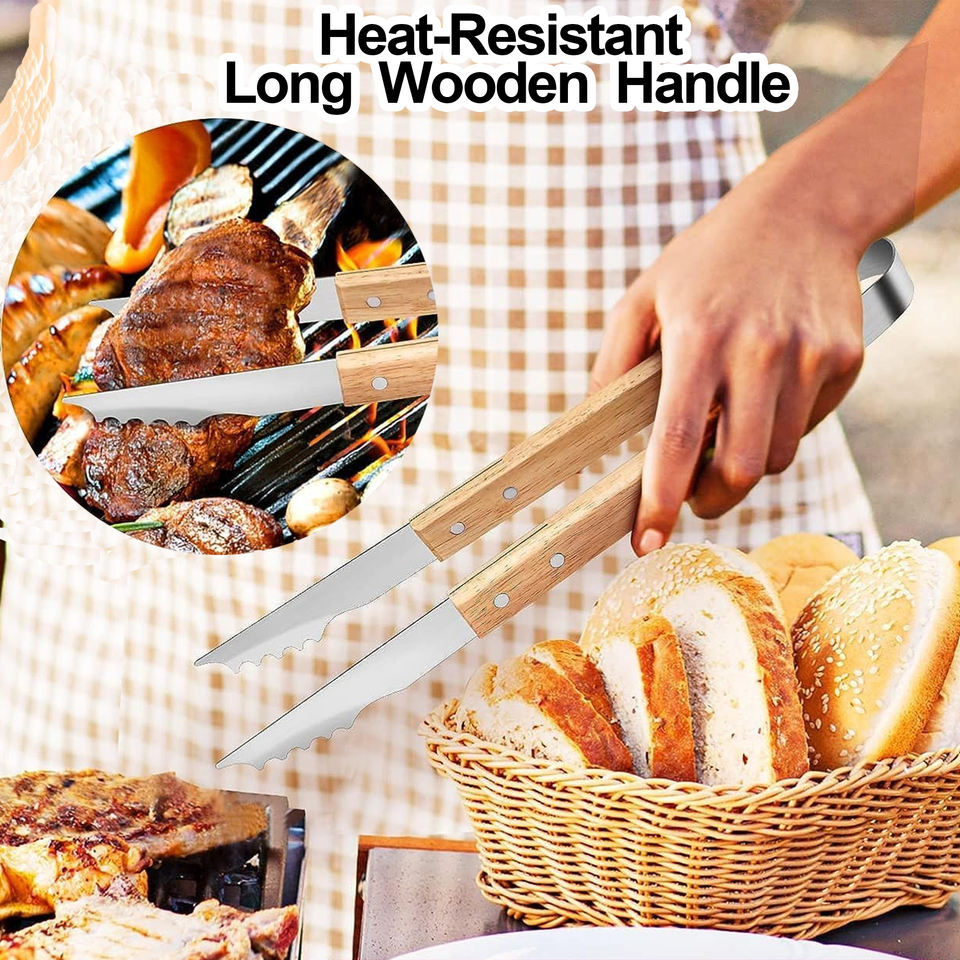 BBQ tool set tongs with heat resistant long wooden handle, in use