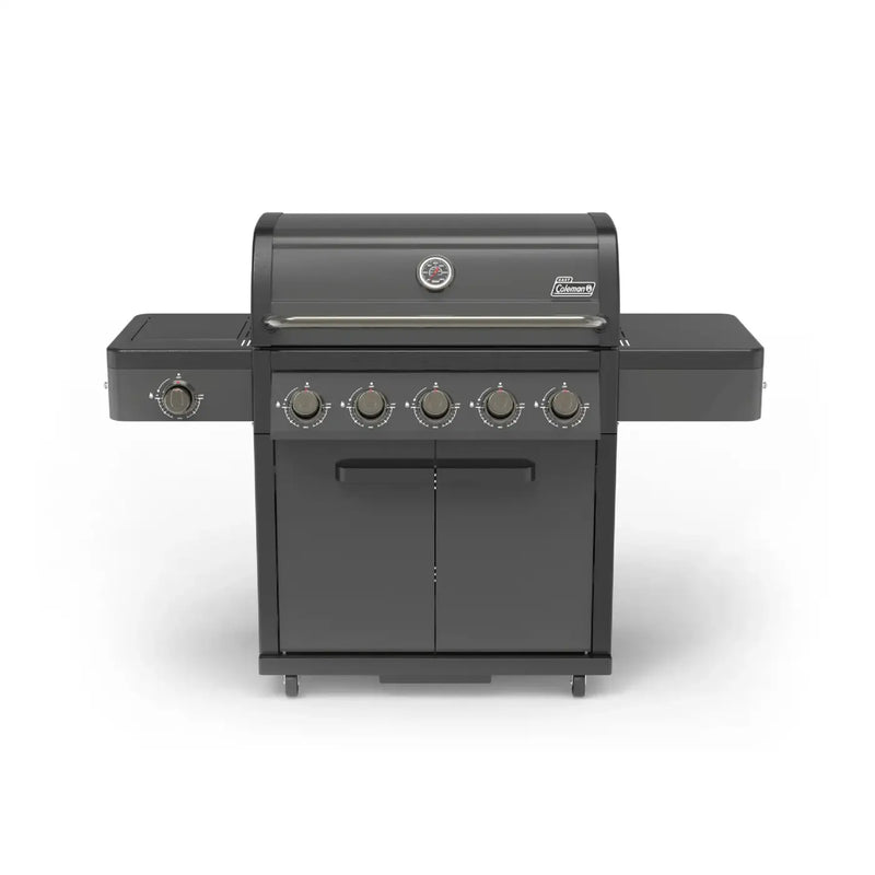 Coleman Pro Series 5 Burner BBQ with Side Burner in matte black on a rolling cart