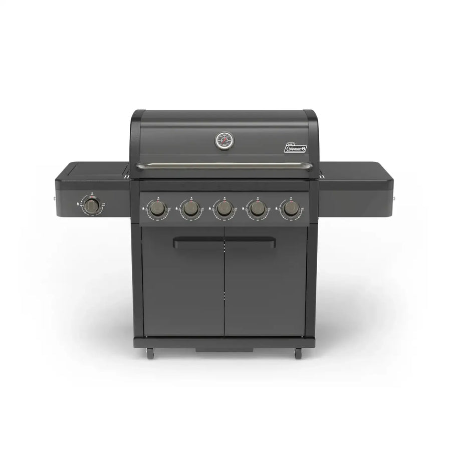 Coleman Pro Series 5 Burner BBQ with Side Burner in matte black on a rolling cart