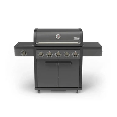 Coleman Pro Series 5 Burner BBQ with Side Burner in matte black on a rolling cart