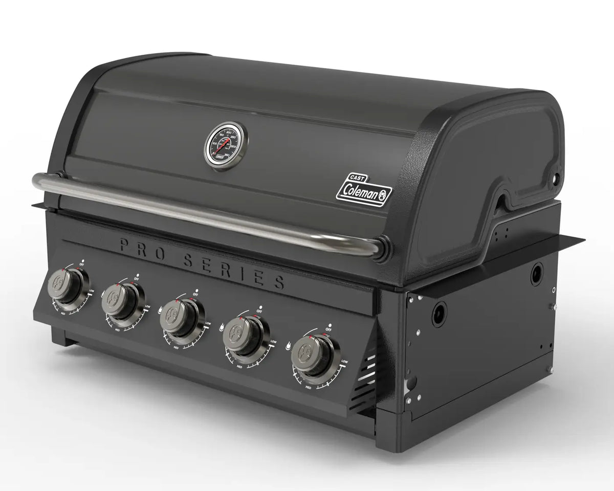 Coleman Pro Series built in bbq, angled view showing the compact head unit and cabinet-mount side panel