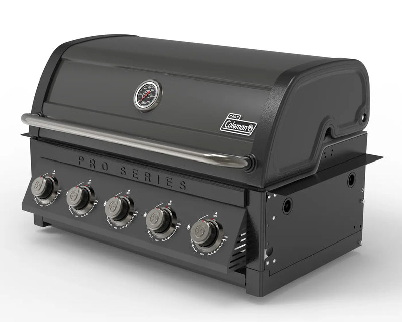 Coleman Pro Series built in bbq, angled view showing the compact head unit and cabinet-mount side panel
