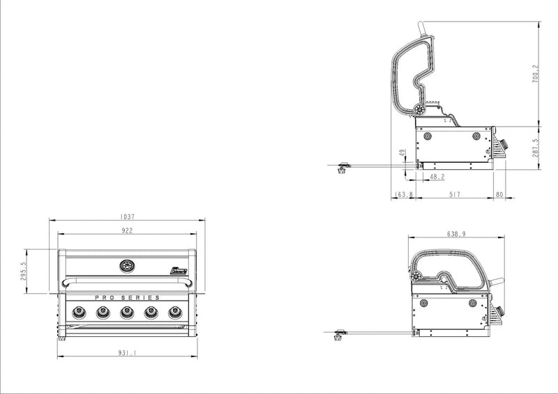 Coleman Pro Series built in bbq dimensions diagram, 1037mm wide by 700mm high