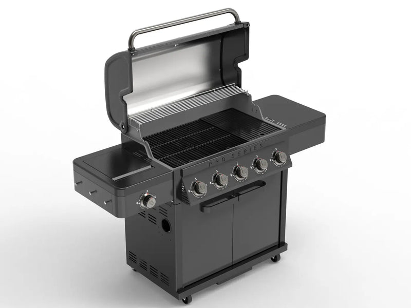 Coleman Pro Series built in bbq with the lid open, showing the 5-burner grill and warming rack