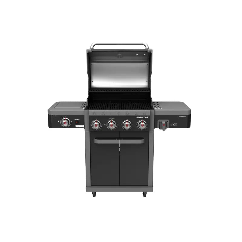 coleman-revolution-4-burner-bbq-with-side-burner-front-view-hood-open-gloss-black-grey