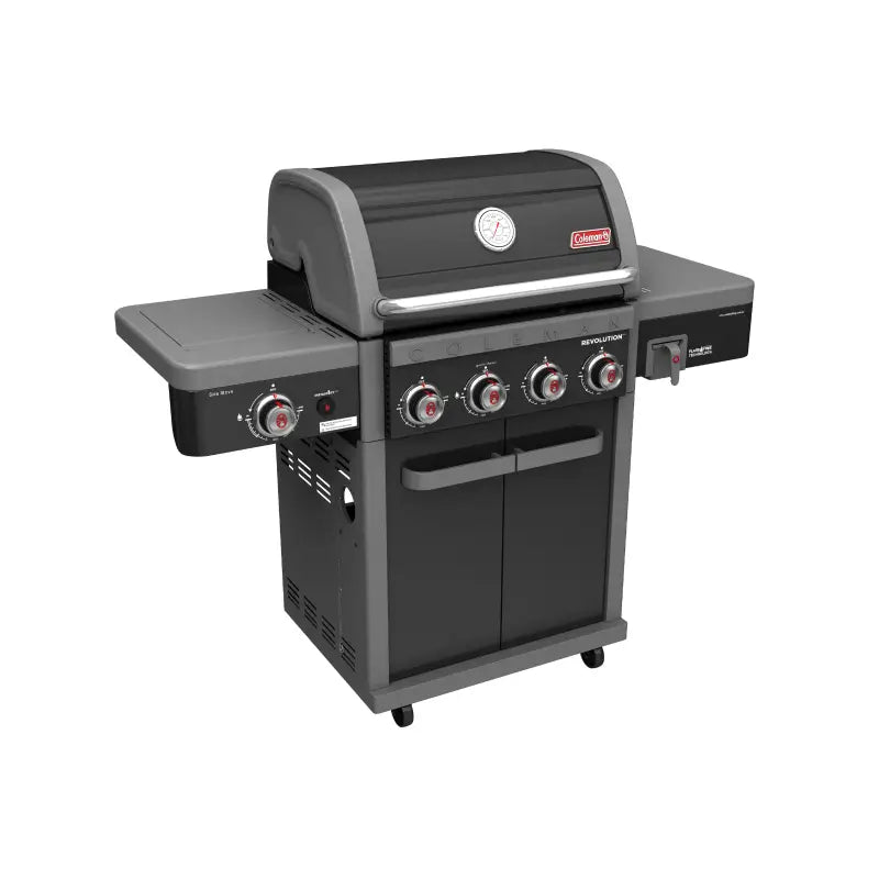 coleman-revolution-4-burner-bbq-with-side-burner-side-view-gloss-black-grey