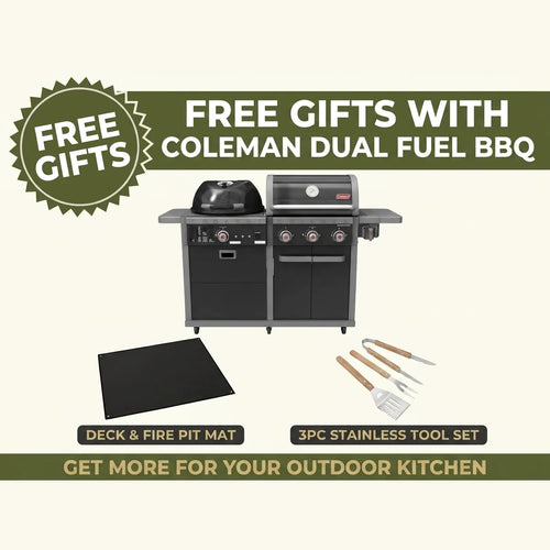 Free gifts with the Coleman Revolution Dual Fuel BBQ: deck & fire pit protector mat and 3-piece stainless BBQ tool set