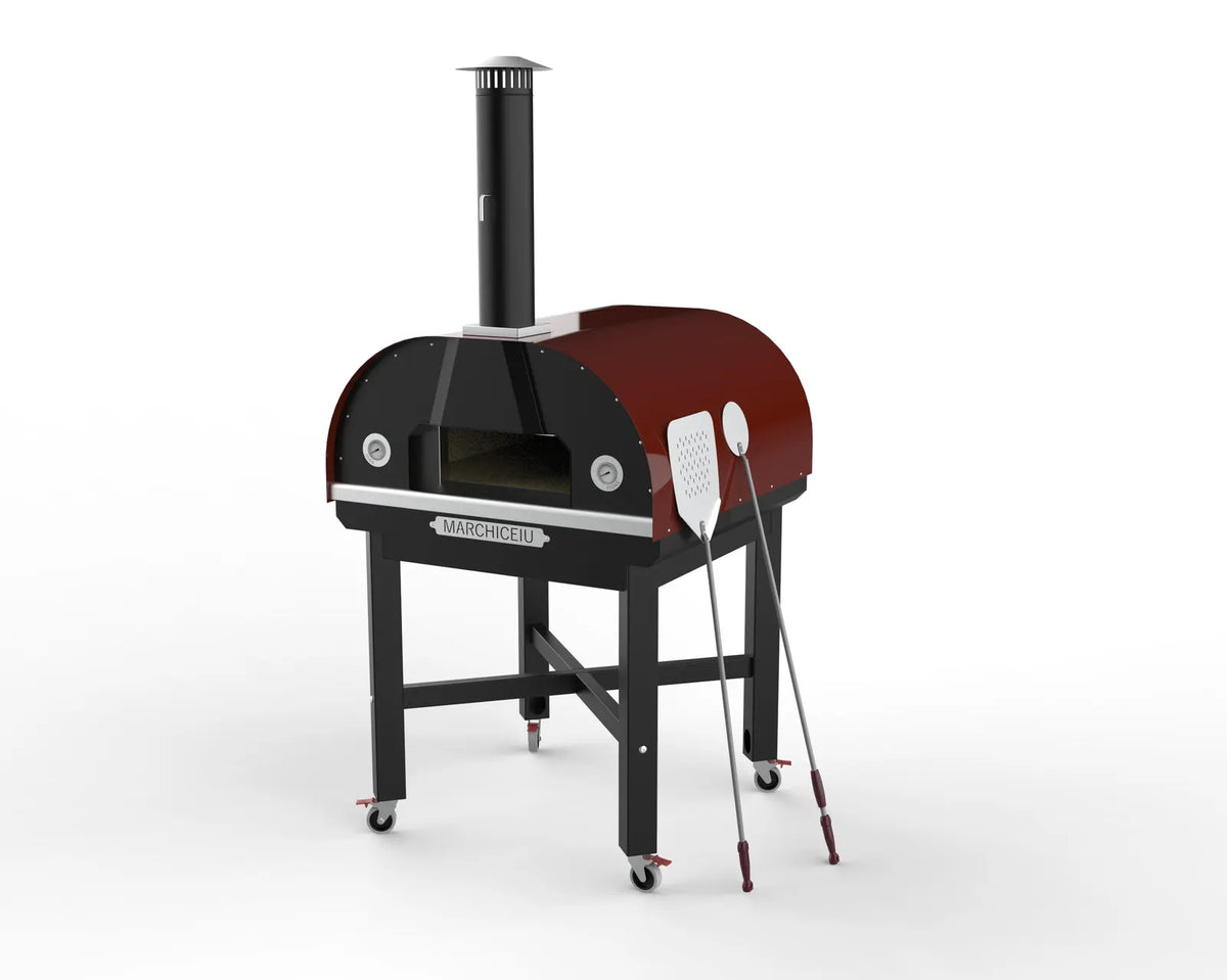 Marchiceiu Grande 900 Ultimate wood-fired pizza oven package in Burgundy, with stand and peels