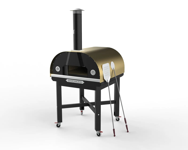 Marchiceiu Grande 900 Ultimate wood-fired pizza oven package in Gold, with stand and peels