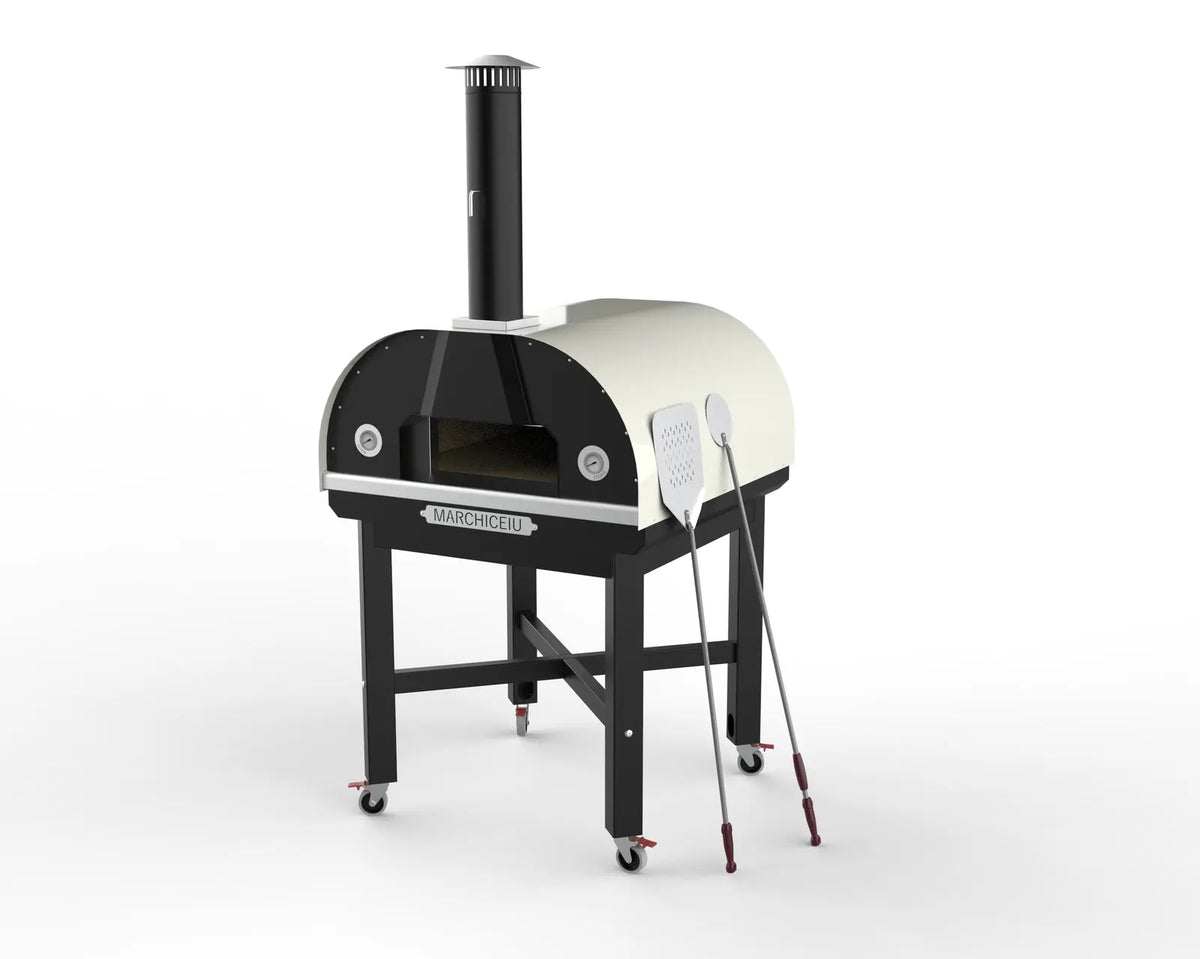 Marchiceiu Grande 900 Ultimate wood-fired pizza oven package in White, with stand and peels