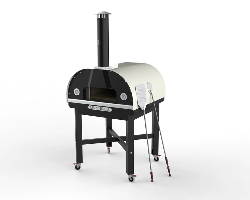 Marchiceiu Grande 900 Ultimate wood-fired pizza oven package in White, with stand and peels
