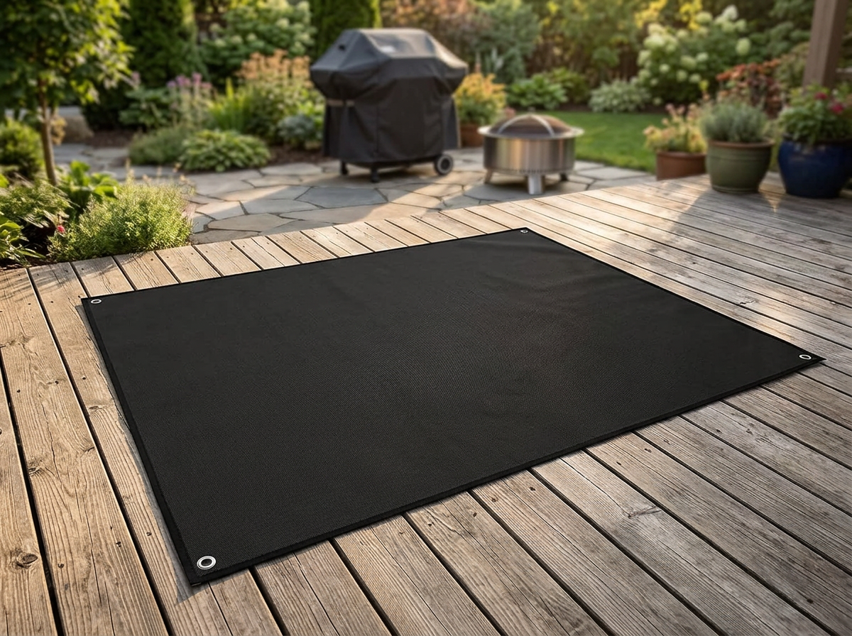 Obsidian BBQ and fire pit protector mat laid flat on a timber deck