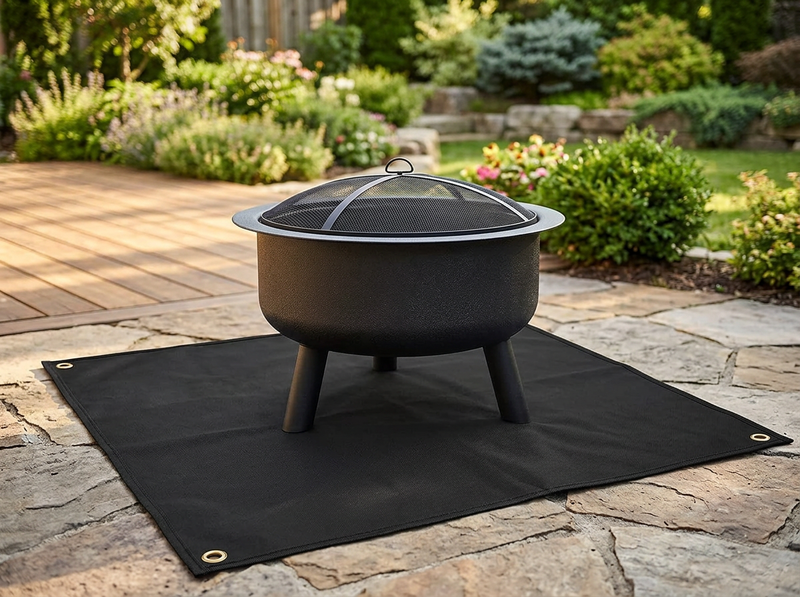 Obsidian protector mat under a fire pit on stone paving