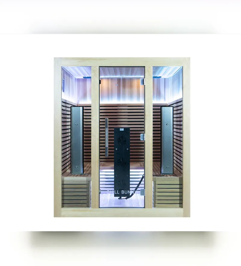 Red light therapy panel mounted inside an infrared sauna