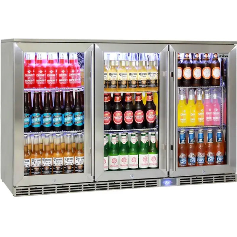 rhino-3-door-bar-fridge-side-view-doors-closed-stocked-with-drinks