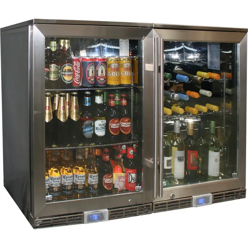 rhino-GSP-2-door-bar-fridge-doors-closed-stocked-with-drinks