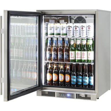 rhino-envy-stainless-steel-single-glass-door-bar-fridge-side-view-door-open-stocked-with-drinks