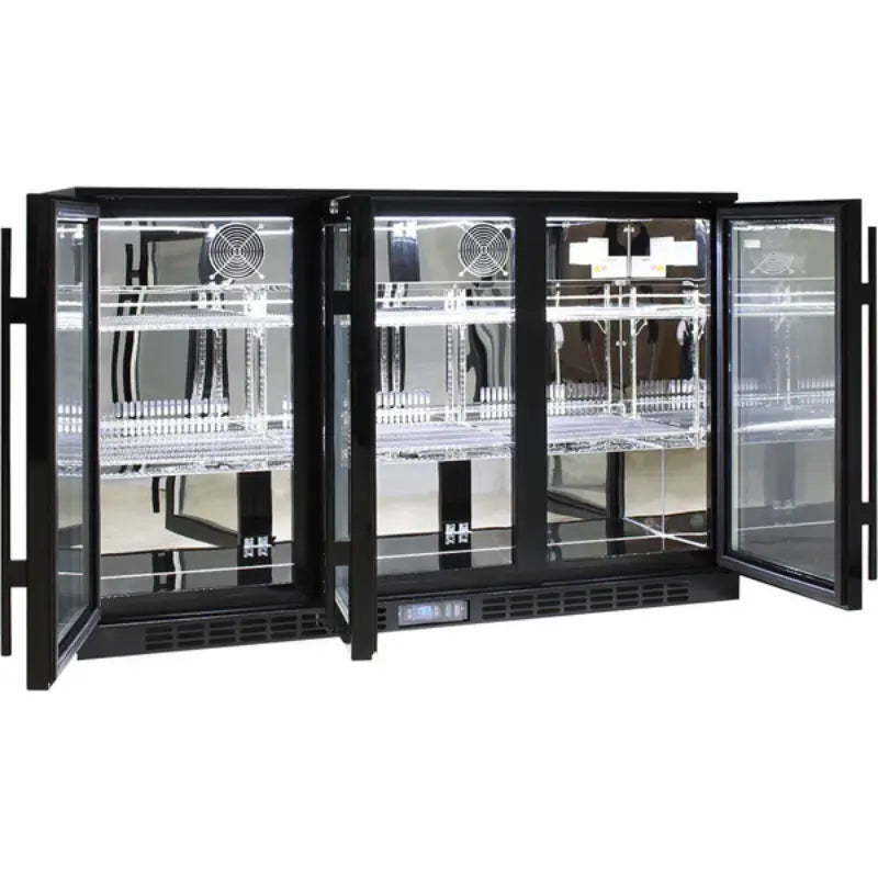 rhino-glass-3-door-under-bench-commercial-bar-fridge-black-doors-open