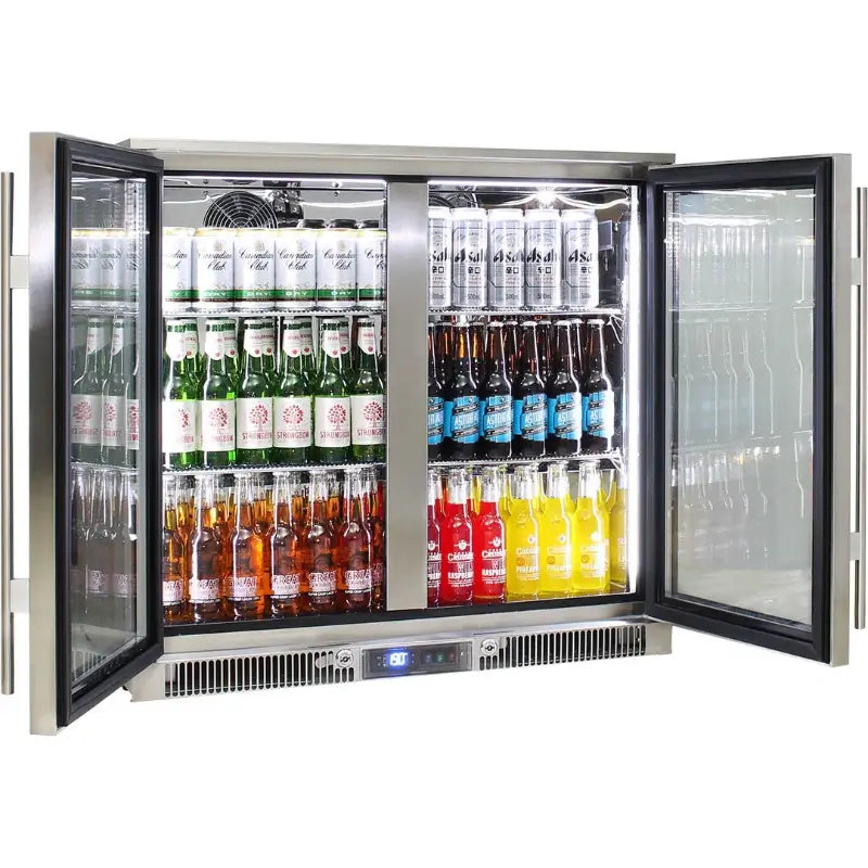 rhino-stainless-steel-2-door-all-stainless-steel-bar-fridge-doors-open-stocked-with-drinks