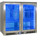 rhino-stainless-steel-2-door-heated-glass-bar-fridge-doors-closed-blue-light-on