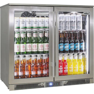 rhino-stainless-steel-2-door-heated-glass-bar-fridge-doors-closed-stocked-with-drinks