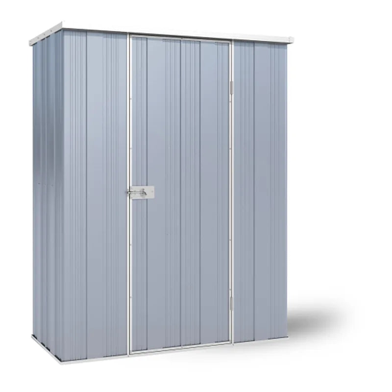Armour Grey slimline garden shed with flat roof, YardStore F42-S, 1.41m x 0.72m x 1.8m