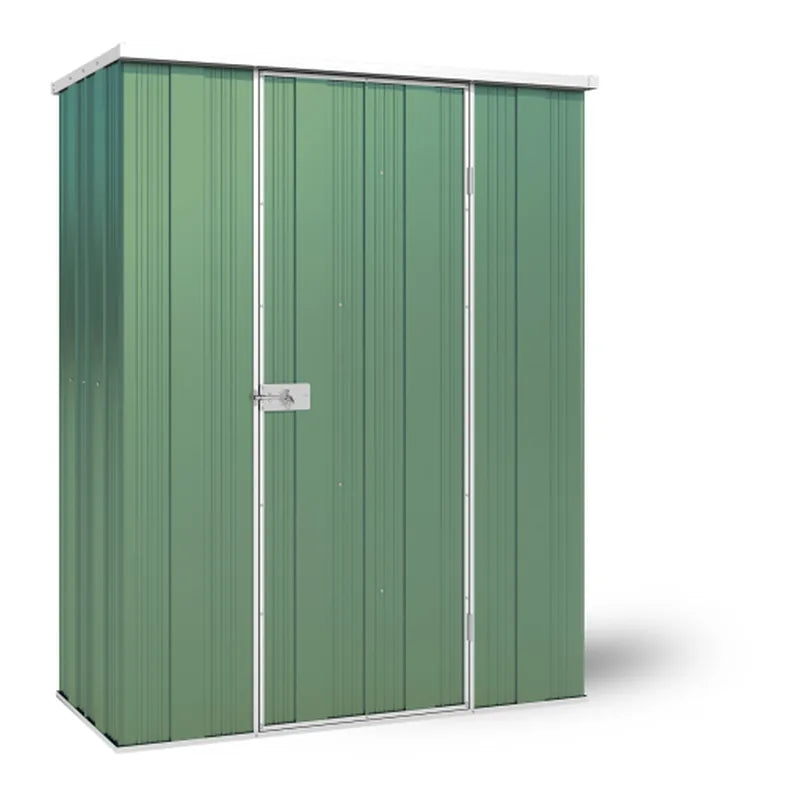 Mist Green slimline garden shed with flat roof, YardStore F42-S, 1.41m x 0.72m x 1.8m