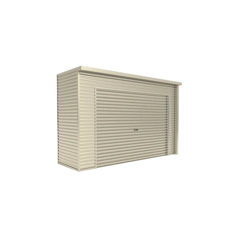 Spanbilt Smartlocker Lockaway 1100 garden shed in Merino Colorbond, roller door closed