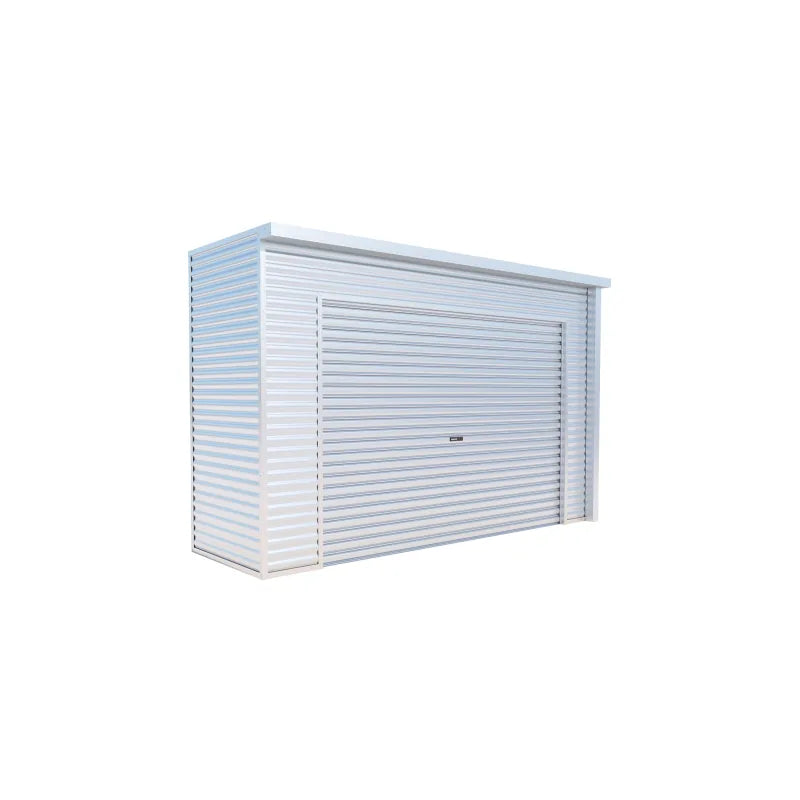 Spanbilt Smartlocker Lockaway 1100 garden shed in Zinc Colorbond, roller door closed