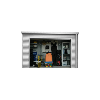 Spanbilt Smartlocker Lockaway 1100 garden shed in Zinc Colorbond, roller door open showing interior bracing
