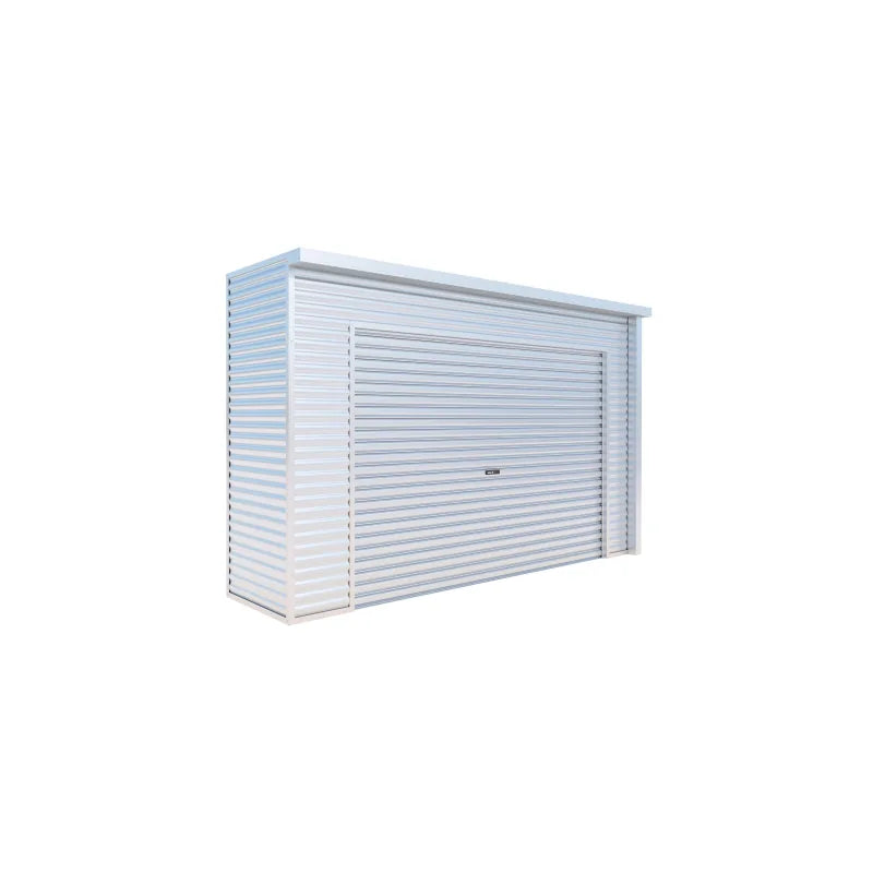 Spanbilt Smartlocker Lockaway 900 garden shed in Zinc Colorbond, roller door closed