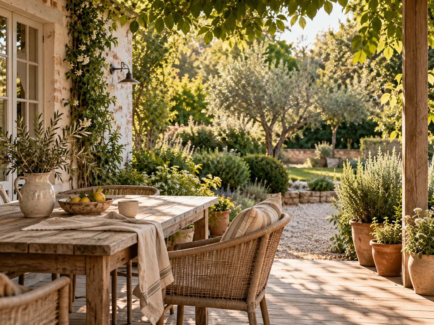 A peaceful garden courtyard with a timber table, leafy plants and warm afternoon light